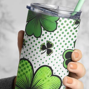 St. Patrick&#39;s Day 20oz Skinny Tumbler- Pop Art Shamrock Luck of the Irish Gift, Insulated Cup with Lid & Straw, Lucky Clover Drinkware