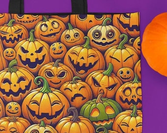 Halloween-tygväska med galna pumpor, läskig och rolig pumpakonst, perfekt för Halloween-presenter och bus-eller-godis-äventyr, 3 storlekar