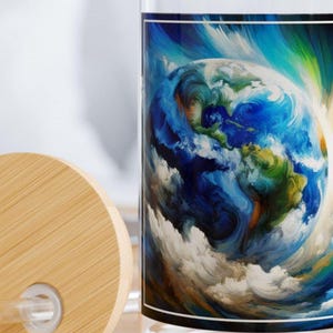 Jordens dag-glasmugg med sugrör – miljövänlig konstnärlig sippra med livfull expressionistisk jordglobdesign – fira vår planet med stil