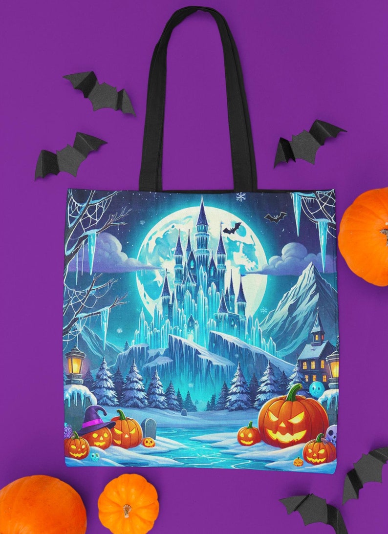 Bolsa de mano con diseño de castillo de hielo de la Reina de Halloween, diseño de calabazas de luna invernal espeluznante, regalo perfecto de Halloween para fanáticos de Frozen Worlds, 3 tamaños imagen 1