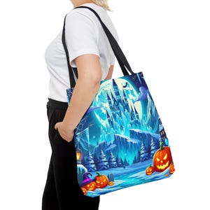 Bolsa de mano con diseño de castillo de hielo de la Reina de Halloween, diseño de calabazas de luna invernal espeluznante, regalo perfecto de Halloween para fanáticos de Frozen Worlds, 3 tamaños imagen 9