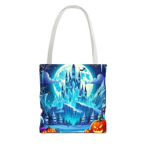 Bolsa de mano con diseño de castillo de hielo de la Reina de Halloween, diseño de calabazas de luna invernal espeluznante, regalo perfecto de Halloween para fanáticos de Frozen Worlds, 3 tamaños imagen 10