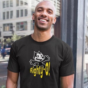 May include: A black t-shirt with a cartoon cat wearing a white shirt and the text "Righty-O!" in yellow.