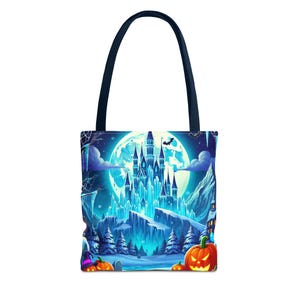 Bolsa de mano con diseño de castillo de hielo de la Reina de Halloween, diseño de calabazas de luna invernal espeluznante, regalo perfecto de Halloween para fanáticos de Frozen Worlds, 3 tamaños imagen 4