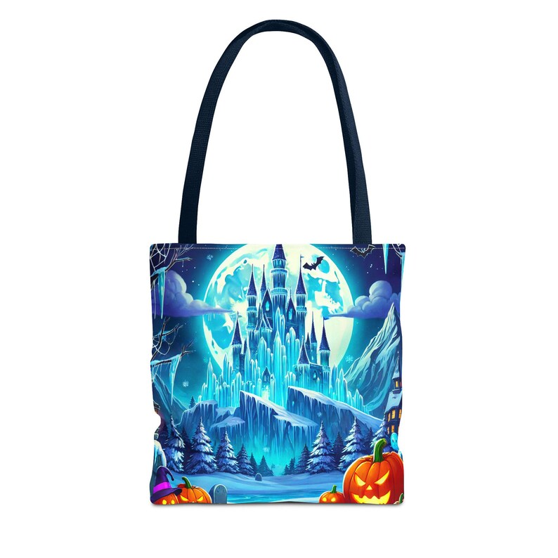 Bolsa de mano con diseño de castillo de hielo de la Reina de Halloween, diseño de calabazas de luna invernal espeluznante, regalo perfecto de Halloween para fanáticos de Frozen Worlds, 3 tamaños imagen 4