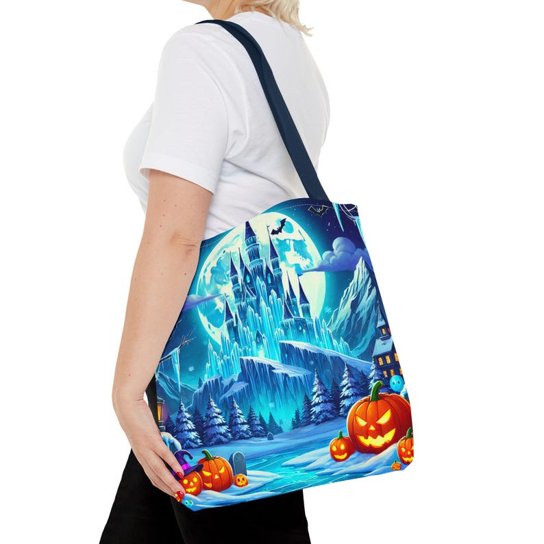 Bolsa de mano con diseño de castillo de hielo de la Reina de Halloween, diseño de calabazas de luna invernal espeluznante, regalo perfecto de Halloween para fanáticos de Frozen Worlds, 3 tamaños imagen 6