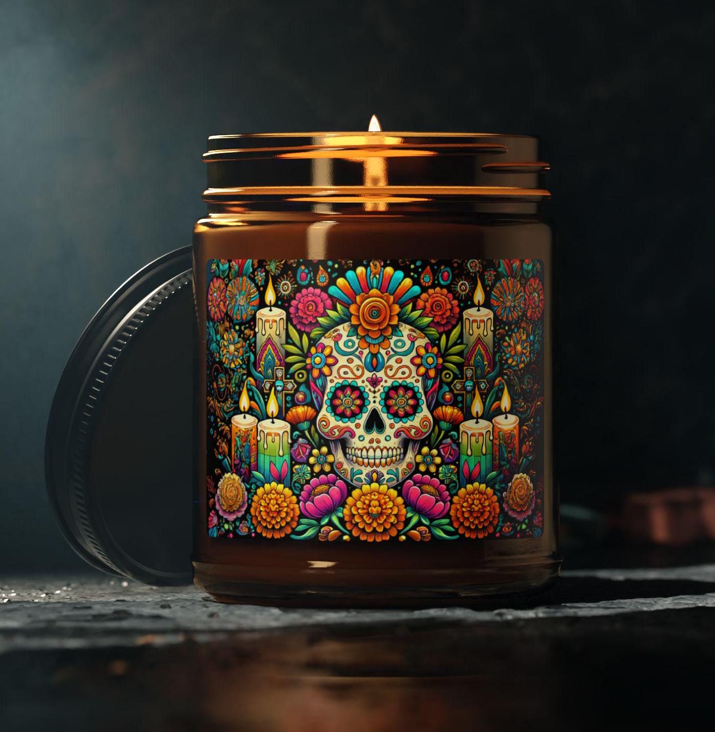 Dia De Los Muertos Day of the Dead Candle- Vibrant Sugar Skull Art ...