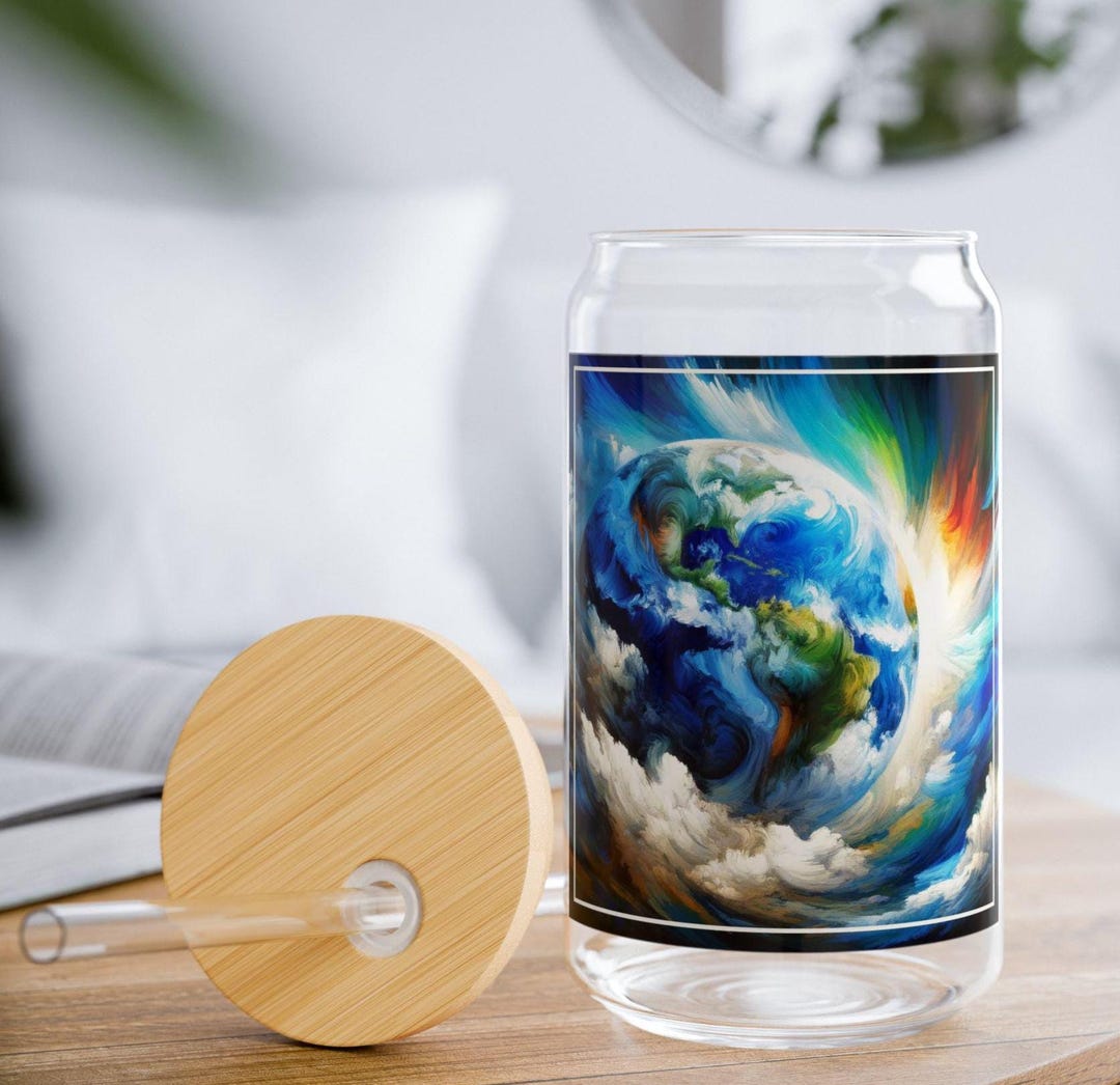 Visual Reference: Earth Day Glass Cup With Straw Eco Friendly Artistic Sipper