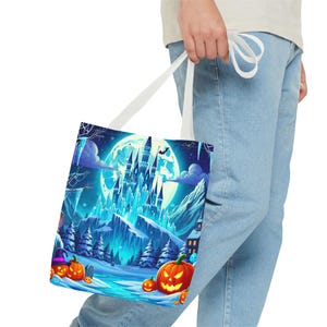 Bolsa de mano con diseño de castillo de hielo de la Reina de Halloween, diseño de calabazas de luna invernal espeluznante, regalo perfecto de Halloween para fanáticos de Frozen Worlds, 3 tamaños imagen 2