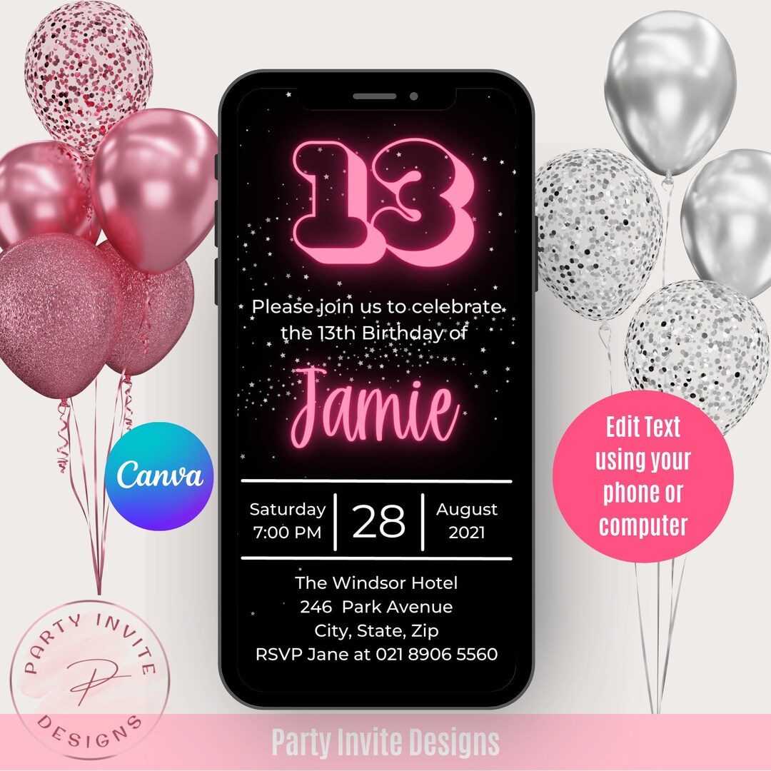 13th Birthday Invitation Template Editable Canva Invite Pink Neon ...