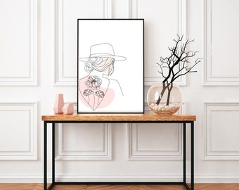 Mujer con flores imprimible, Dibujo de una sola línea imprimible, Descarga digital de arte de pared, Arte de palabra imprimible, Arte de pared inspirador