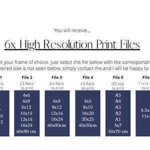 May include: A chart showing six different file sizes for high-resolution printable images. The chart is divided into six columns, each labeled with a file number and the corresponding aspect ratio. The chart lists various sizes in inches and centimeters, including 8x8, 9x9, 10x10, 12x12, 4x6, 6x9, 8x12, 10x15, 12x18, 16x24, 6x8, 9x12, 12x16, 18x24, 4x5, 8x10, 16x20, 20x25, A5, A4, A3, A2, A1, 5x7, 8.5x11, 11x14, 60x90 cm, 60x80 cm, 40x50 cm, 50x70 cm.