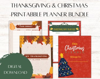 May include: Printable planner bundle for Thanksgiving and Christmas. The bundle includes a food budget planner, a Thanksgiving planner, a Christmas day planner, and a Christmas planner with a red cover and a Christmas tree illustration.