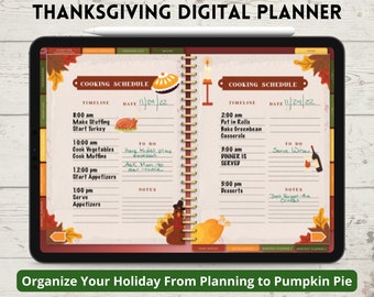 Puede incluir: Un planificador digital de Acción de Gracias con una portada roja y marrón. El planificador tiene un horario de cocina para el día con una línea de tiempo y una lista de tareas. El planificador incluye un pavo, un pastel de calabaza y una botella de vino.
