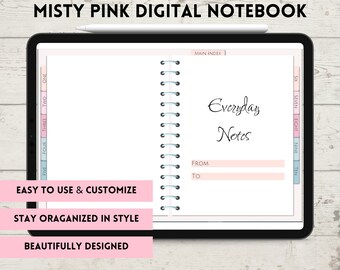 May include: A digital notebook app on a tablet screen with a pink and blue color scheme. The app has a main index, a section for everyday notes, and a section for to-do lists. The text on the screen reads "Misty Pink Digital Notebook", "Everyday Notes", "Main Index", "From", "To", "One", "Two", "Three", "Four", "Five", "Six", "Seven", "Eight", "Nine", "Ten".