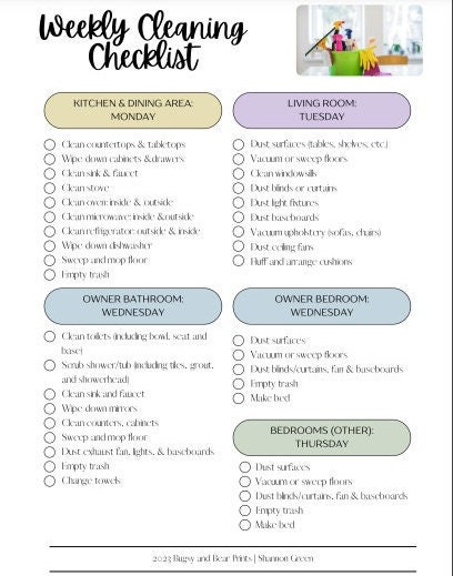 WEEKLY Cleaning Checklist Printable Daily Cleaning Etsy
