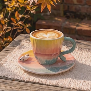 Op de afbeelding: Een keramische mok en bijpassende schotel met een kleurverloop van geel, roze en lichtblauw. De mok bevat een hartvormig latte art-ontwerp en aan de rand van de schotel is een klein, gebeeldhouwd wit vogelfiguurtje bevestigd.