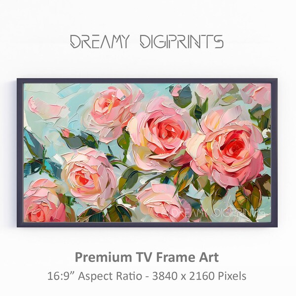 Floral Frame TV Art For Spring, Heavy Textured Floral Oil Painting for Modern Rustic Home Decor, Modern Art Roses for TV Instant Download