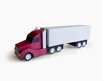 Caminhão Semirreboque. Brinquedo de Papel para Imprimir. Modelos de Artesanato em Papel em PDF.