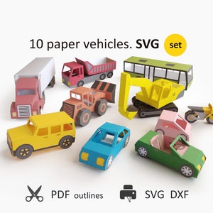 Modelli SVG di veicoli artigianali in carta per Cricut. Modelli 3D di camion e automobili di carta