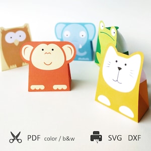 5 Geschenktüten Vorlagen - Katze, Elefant, Frosch, Eule, Affe. PDF-, SVG- und DXF-Dateien