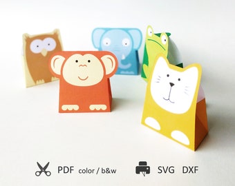 5 Geschenktüten Vorlagen - Katze, Elefant, Frosch, Eule, Affe. PDF-, SVG- und DXF-Dateien