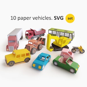 Cricut用ペーパークラフト車両SVGテンプレート。紙製のトラックと車の3Dモデル
