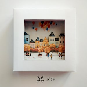 Modello di scatola delle ombre. Palloncini sopra la città