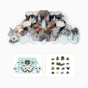 May include: A tabletop game set featuring a modular hexagonal board with a snowy landscape, stone walls, small houses, evergreen trees, a tank, and a flying vehicle. The set includes a printed layout guide and individual papercraft components.