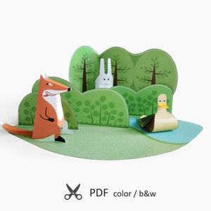 Diorama di carta stampabile con animali. Volpe, coniglio e anatra. Lavoretti con la carta fai da te per bambini