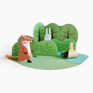 Diorama z papieru do druku ze zwierzętami. Lis, królik i kaczka. Papierowe ozdoby DIY dla dzieci.