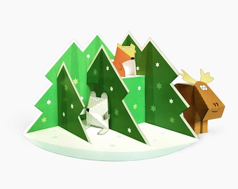 Paper Diorama Winter. Papercraft for Kids. Elk, Squirrel and Mouse in the Forest
