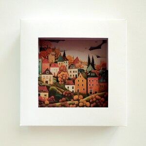 Miasto na wzgórzach – Karta artystyczna | Ilustracja miasta z papieru warstwowego