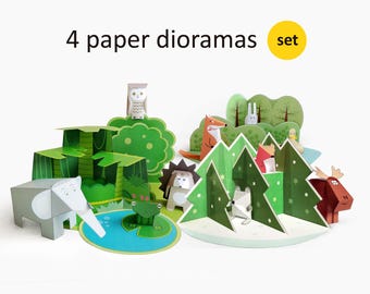 Green Diorama Set. Papercraft Dioramas. Printable Toys for Children. Downloadable PDF