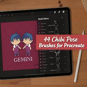 May include: A digital tablet displays a Procreate brush library. The screen shows a red banner with the text "44 Chibi Pose Brushes for Procreate." A Gemini illustration is on the screen. A white stylus rests on the wooden surface.