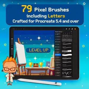 以下が含まれることがあります： 「79 Pixel Brushes including Letters Crafted for Procreate 5.4 and over」のテキストが表示された、ピクセルアートブラシを表示するiPad。白いスタイラスが画面の下にあります。メガネと白衣を着た漫画のキャラクターが左側にいます。
