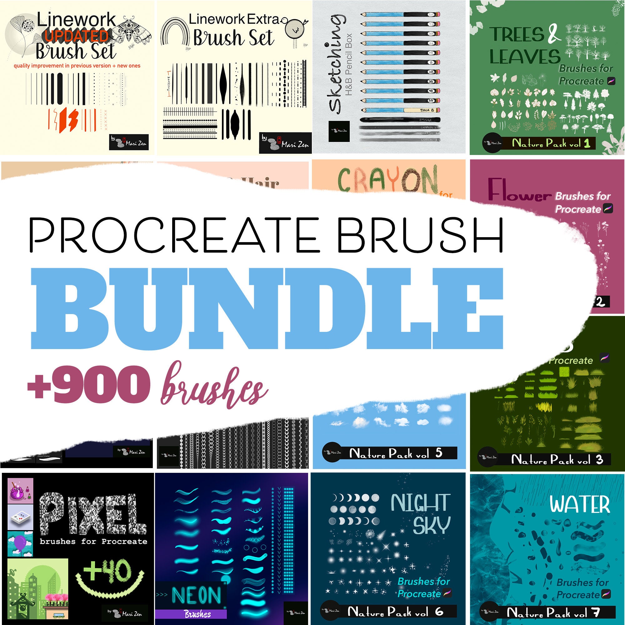 Procreate Brush Mega Bundle: 30 Brush Sets, 900+ Brushes for Linework, Chains, Anime, Crayon, Watercolor & More