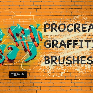 Può includere: Opera d'arte digitale che promuove Procreate Graffiti Brushes. L'immagine presenta scritte in stile graffiti in verde acqua e arancione su uno sfondo di muro di mattoni arancioni. Le parole "PROCREATE GRAFFITI BRUSHES" sono visualizzate in grassetto.