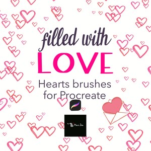 May include: A digital illustration of a pink heart with the text "filled with LOVE" and "Hearts brushes for Procreate" in black text. The image is surrounded by a pattern of pink hearts.