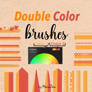 May include: Double Color Brushes by MariZen. A set of digital brushes with various textures and colors, including orange, yellow, and red. The brushes are designed for use with digital art programs.