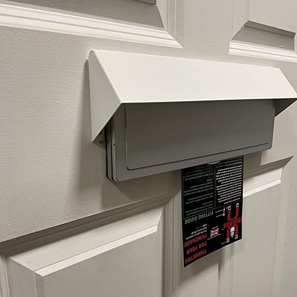 Letterbox security cowl. Simply screw on to fit to wood and upvc doors. Matte white finish, prevents key fishing and visual inspection.