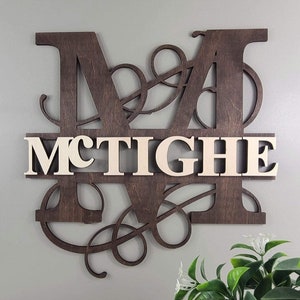 May include: A wooden wall decoration with a dark brown letter "M" and an ornate, swirling pattern. The name "McTighe" is displayed in a lighter colour across the centre. This decorative item is suitable for home decor.
