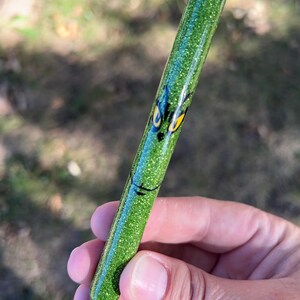 May include: A green glitter pen featuring a cartoon character's face. The pen has a black tip and a silver metal top. The character's face is depicted with yellow eyes and a black smile.