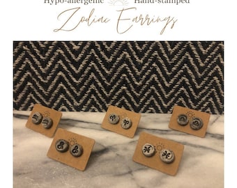 Hand-Stamped Clay Astrology Zodiac Stud Earrings