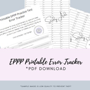 May include: A printable EPPP practice test error tracker with the text "EPPP Printable Error Tracker *PDF DOWNLOAD". The image includes several pages with numbered lists and the text "Study Aids". The error tracker helps track common errors.