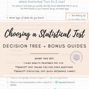 May include: A decision tree titled "Choosing a Statistical Test" with bonus guides. The image includes text such as "What type of data do you have?" and "Test-Taking Tip". It also mentions a high-quality printable PDF file.