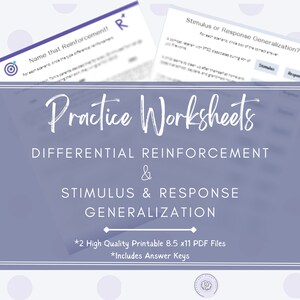 May include: Practice worksheets for differential reinforcement and stimulus & response generalization. The image shows two printable A4 PDF files with answer keys. The worksheets have a purple and white design.