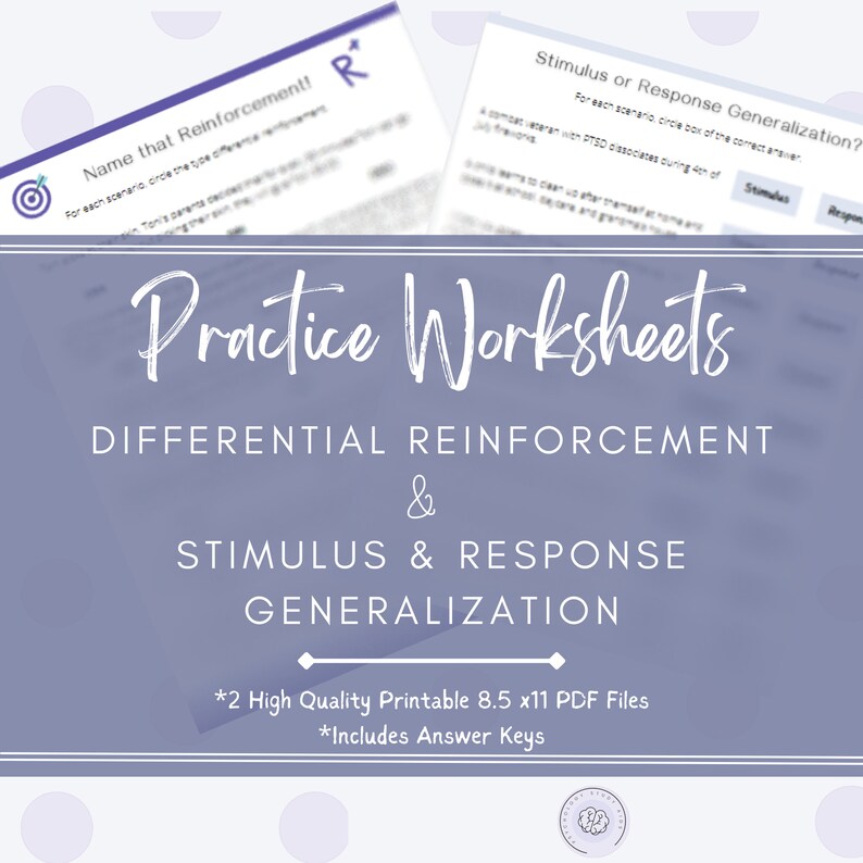 May include: Practice worksheets for differential reinforcement and stimulus & response generalization. The image shows two printable A4 PDF files with answer keys. The worksheets have a purple and white design.