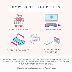 May include: An infographic titled "HOW TO GET YOUR FILES" showing a shopping cart, computer, printer, and calendar. Instructions include: Make Purchase, Download File, Print Documents, and Start Planning & Studying.
