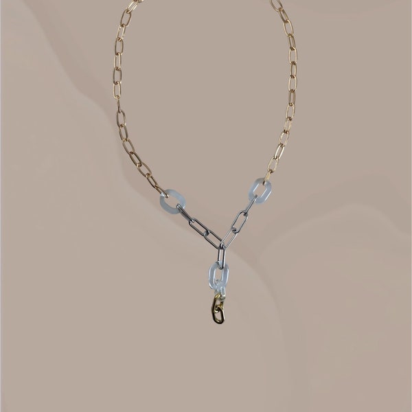 collier sautoir bi matières avec chaîne dorée et argentée avec mailles transparentes